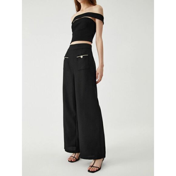 Commense Pants - Commense Tweed Contrast Trim Pocket‎ Silver Buttons Wide Leg Black Dress Pants S